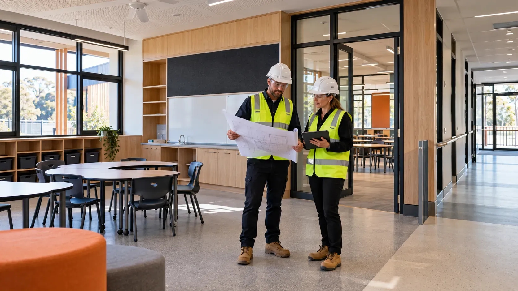 Two fitout professionals reviewing safety plans inside a modern Australian school learning space.