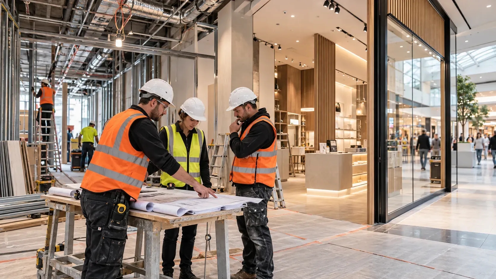 Project manager and tradespeople reviewing plans inside a Melbourne shopping centre retail fitout under construction.