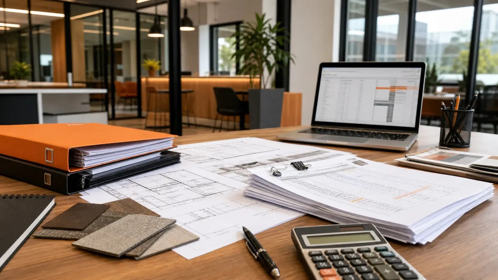 Office fitout plans, invoices, calculator, laptop, and material samples on a desk for tax planning.