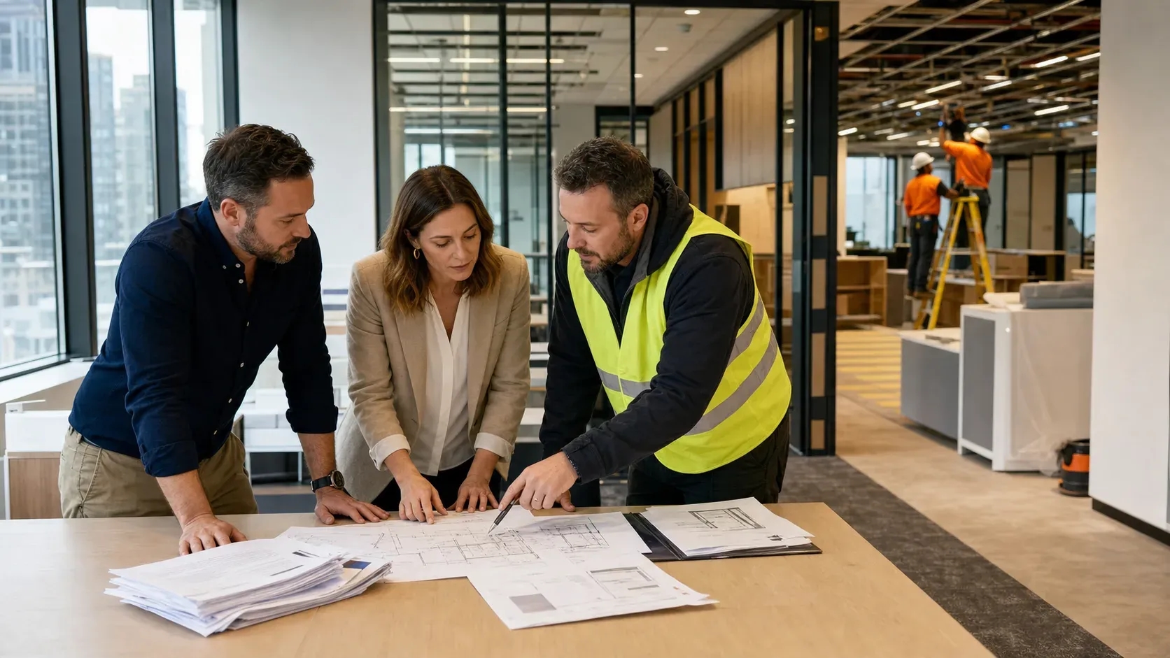 Business owners and a fitout contractor reviewing commercial fitout quotes and plans inside a Melbourne office fitout site.