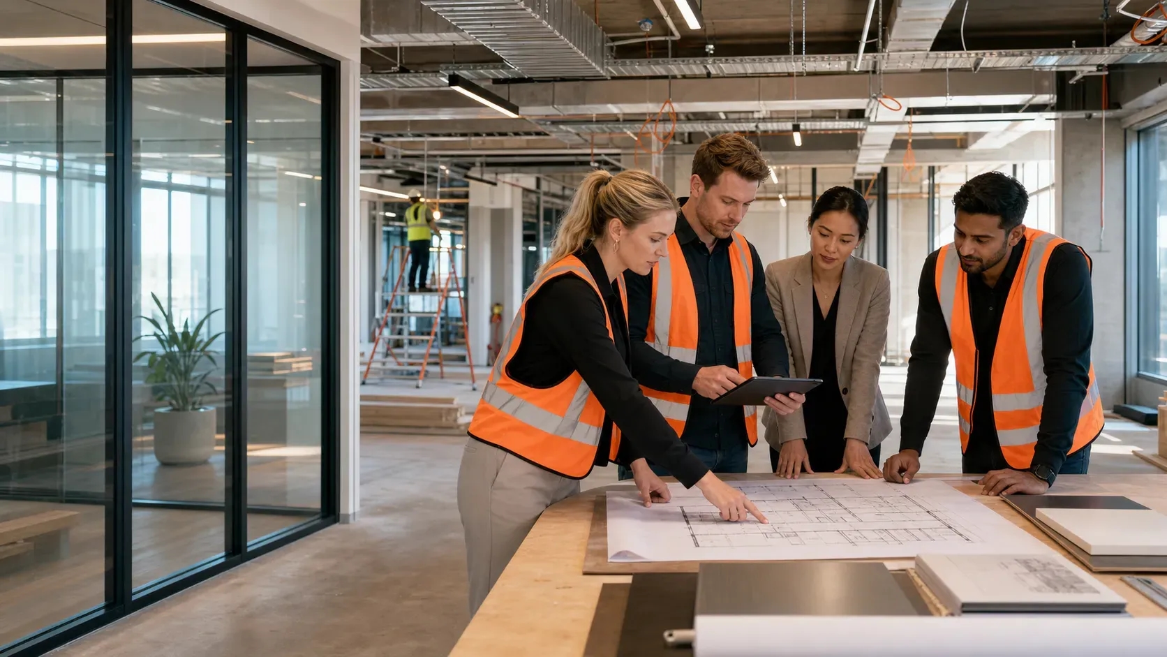 Commercial fitout team reviewing floor plans together inside a Melbourne office under construction.