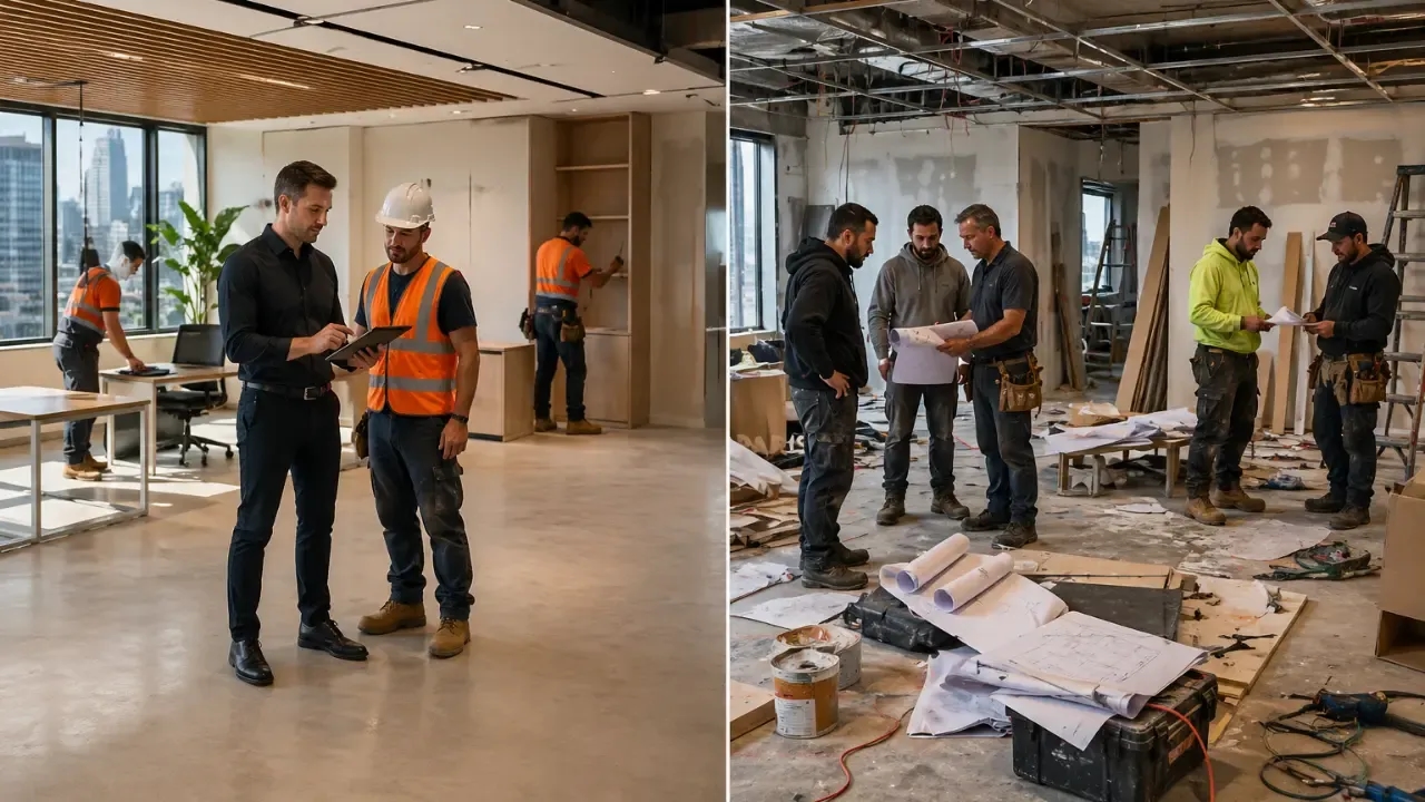 Split scene showing turnkey fitout with organized project management on one side and traditional fitout with multiple contractors and site confusion on the other