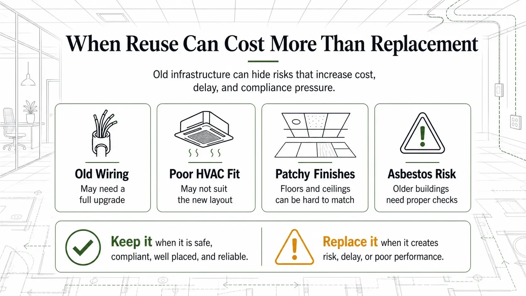 Infographic showing when reusing existing fitout infrastructure can cost more than replacement due to wiring, HVAC, finishes, and asbestos risks.